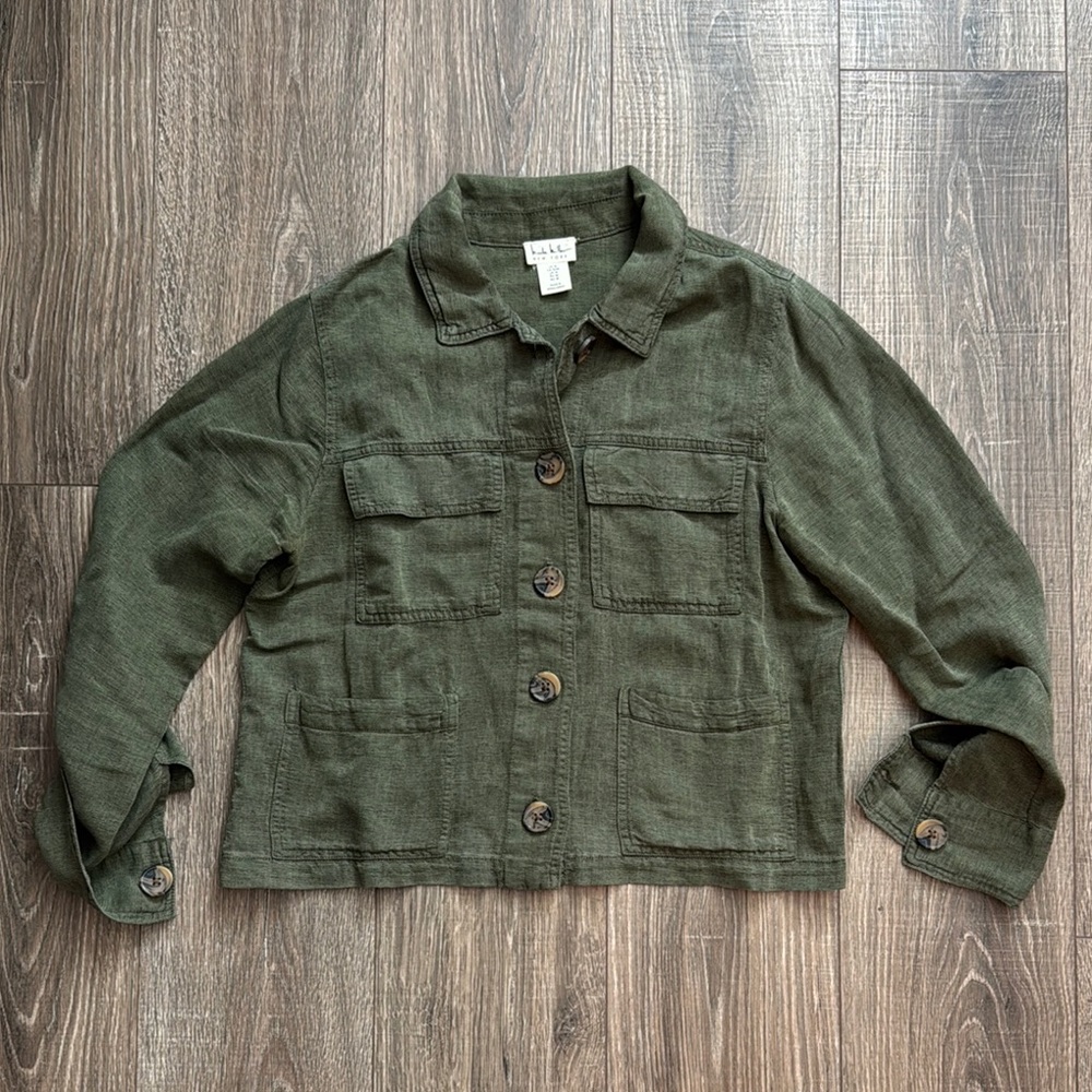 Nicole Miller Olive Green Utility Jacket with Collared Neckline